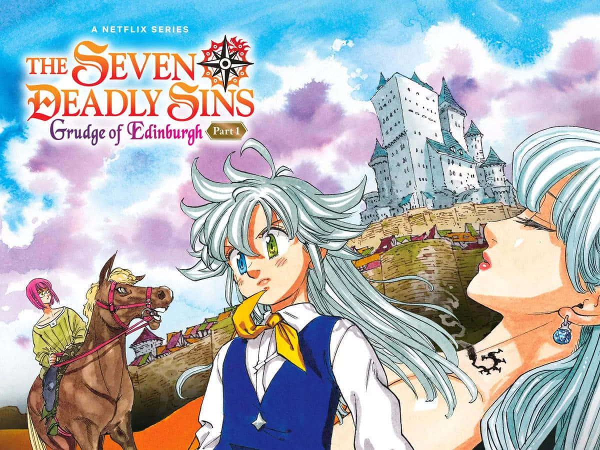The Seven Deadly Sins 桌布 壁紙 — 銀髮動畫角色站在城堡前，天空色彩繽紛，Netflix系列海報。