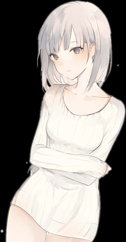 銀髮微笑動漫少女 壁紙 — 一個寧靜的動漫女孩，銀色頭髮，穿著白色連衣裙，雙臂交叉，站在繁星點點的黑色背景前。