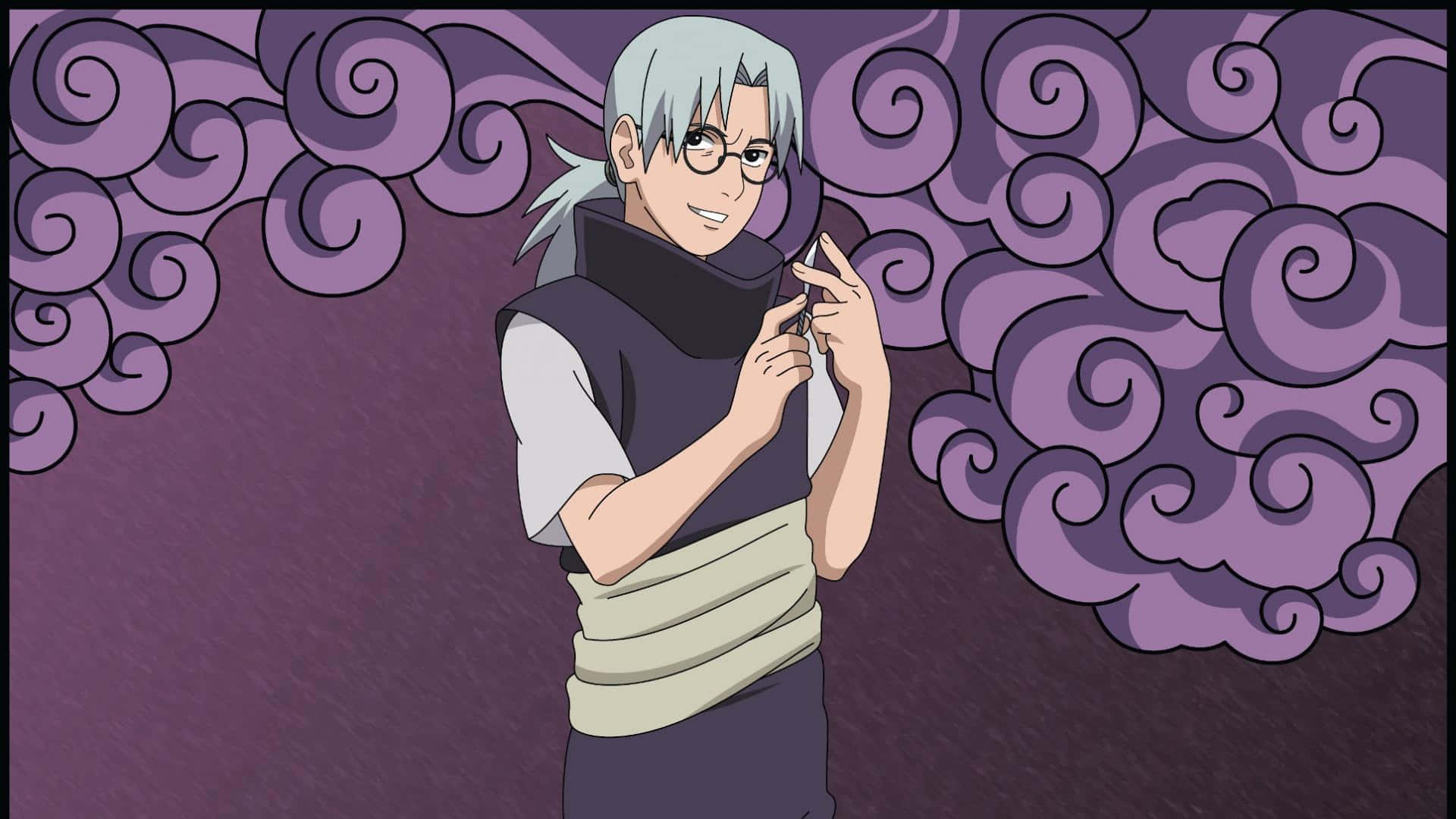 Kabuto Yakushi 桌布 壁紙 — 銀髮戴眼鏡的動漫角色站在旋轉的紫色雲朵前，手持苦無。
