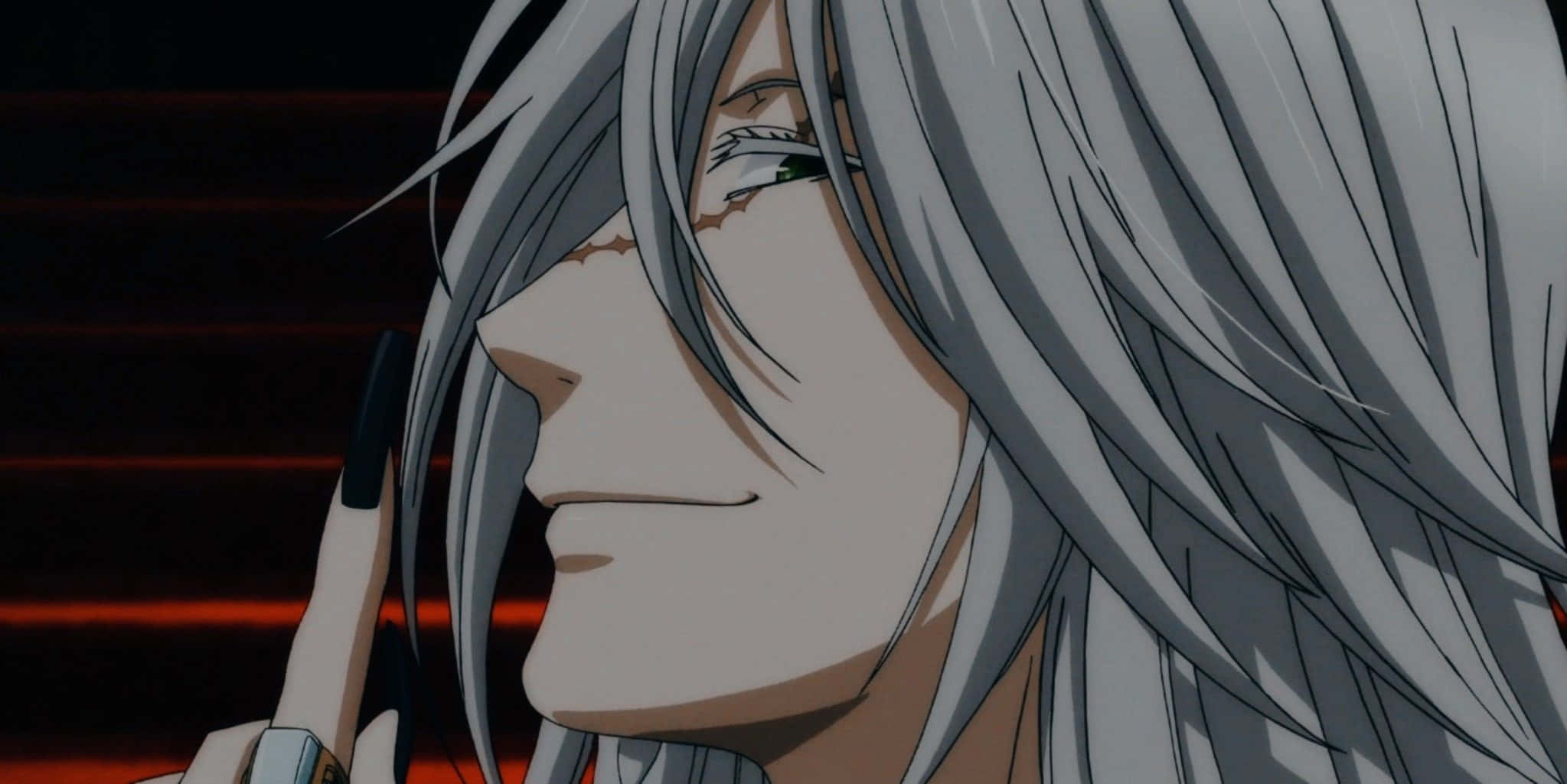 Black Butler Undertaker 桌布 壁紙 — 銀髮淚痕的動漫角色在發光的紅色背景下溫柔地凝視。