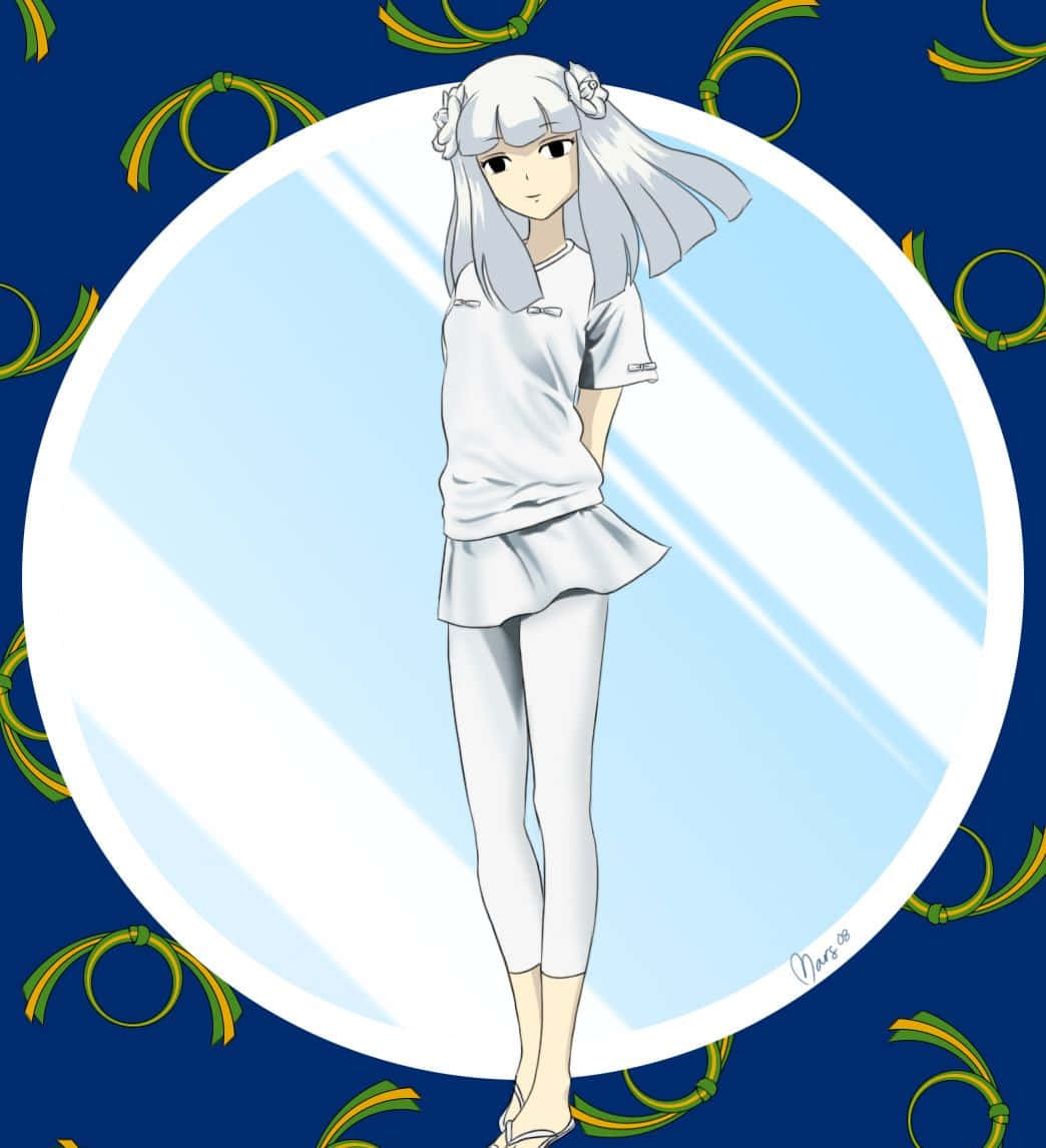 Inuyasha Kanna 桌布 壁紙 — 銀髮白衣動漫少女站在圓形光中，背景為帶有綠色絲帶圖案的藍色背景。