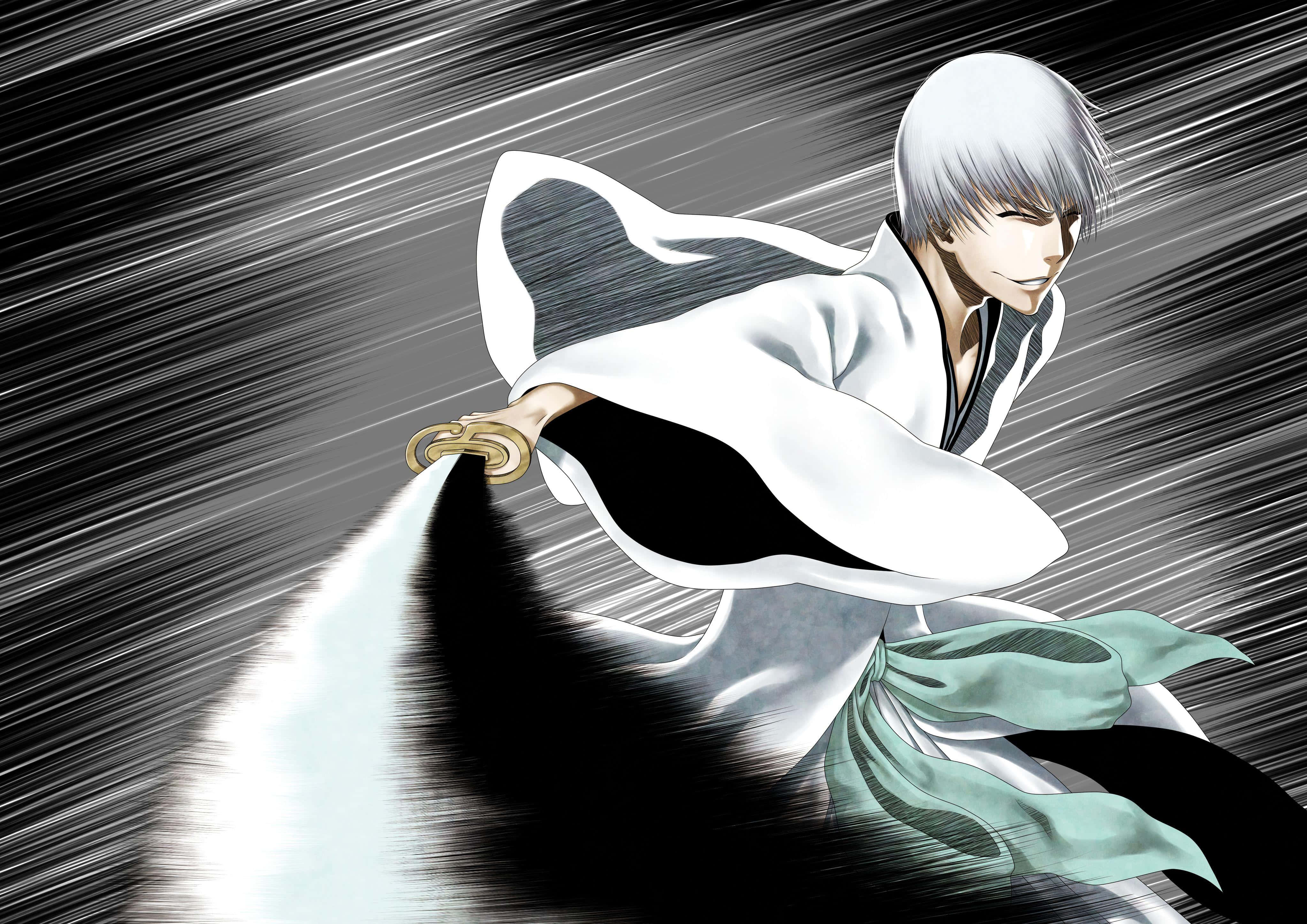 Gin Ichimaru 桌布 壁紙 — 銀髮白袍的動漫戰士以動態動作揮劍劃破空氣。