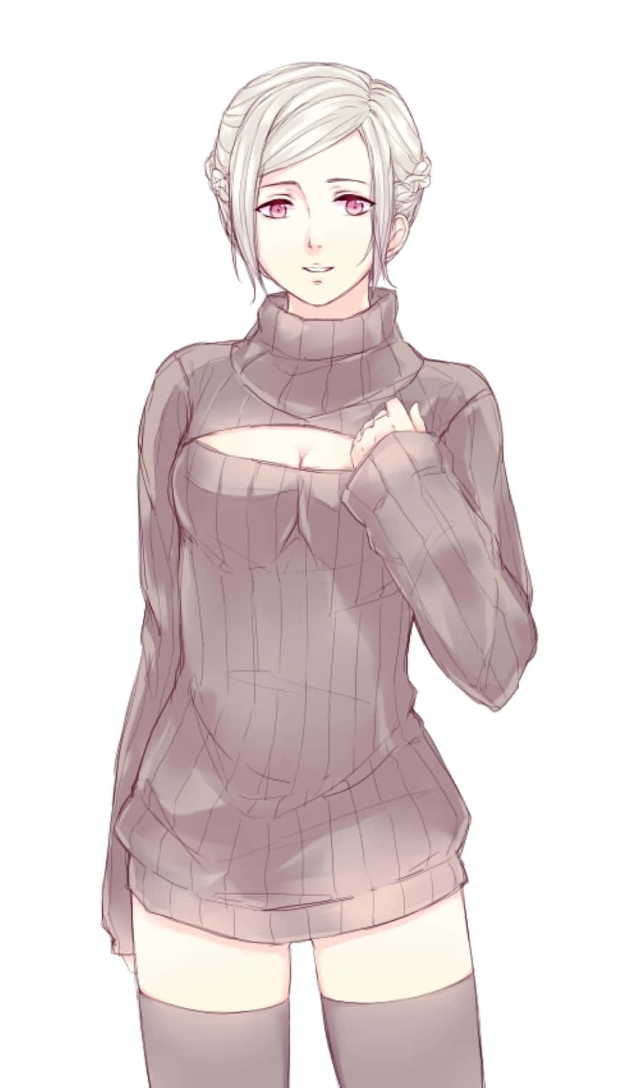 Akira Mado 桌布 壁紙 — 銀髮粉紅眼睛的動漫女孩，在純白色背景前穿著透視高領毛衣。