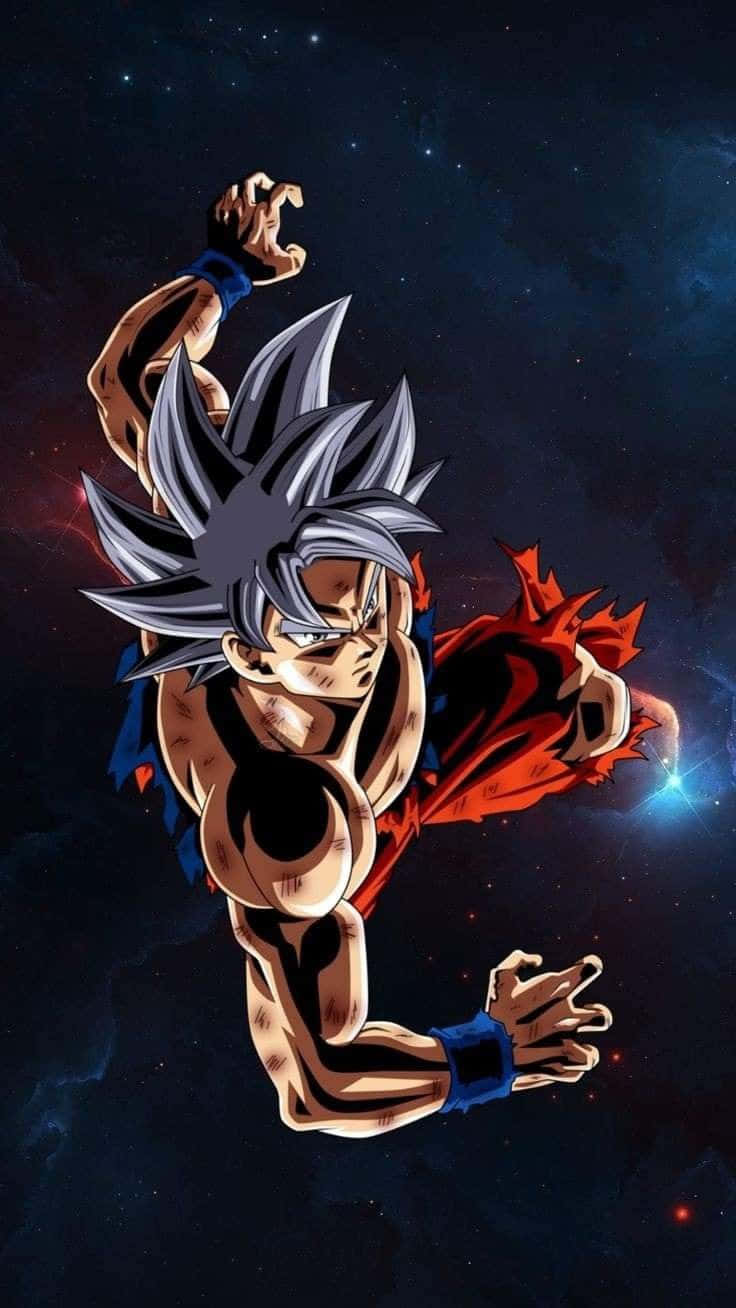 Mui Goku 桌布 壁紙 — 銀髮紅披風的動漫戰士，在星光宇宙虛空中動態飛行，伴隨著發光的能量效果。