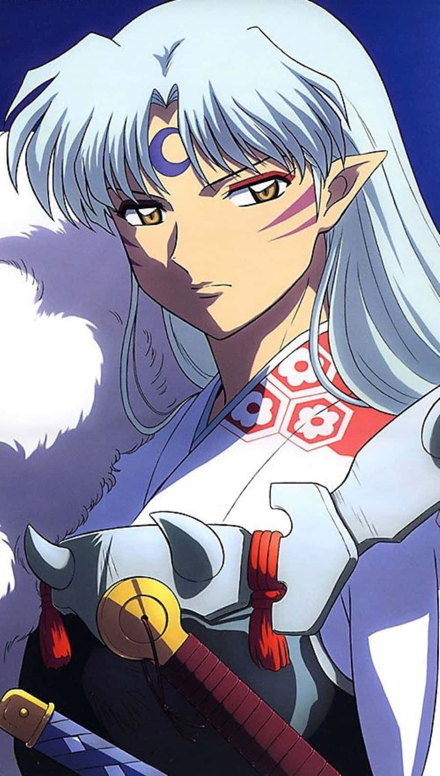 Sesshomaru 桌布 壁紙 — 銀髮紅眼動漫角色在深藍色背景前手持劍。