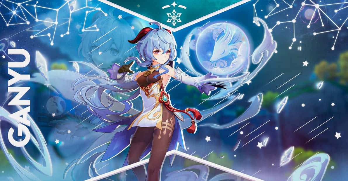 Genshin Impact Ganyu 桌布 壁紙 — 銀髮紅飾的動漫少女在星空宇宙背景中揮舞發光的冰魔法，背景有星座。