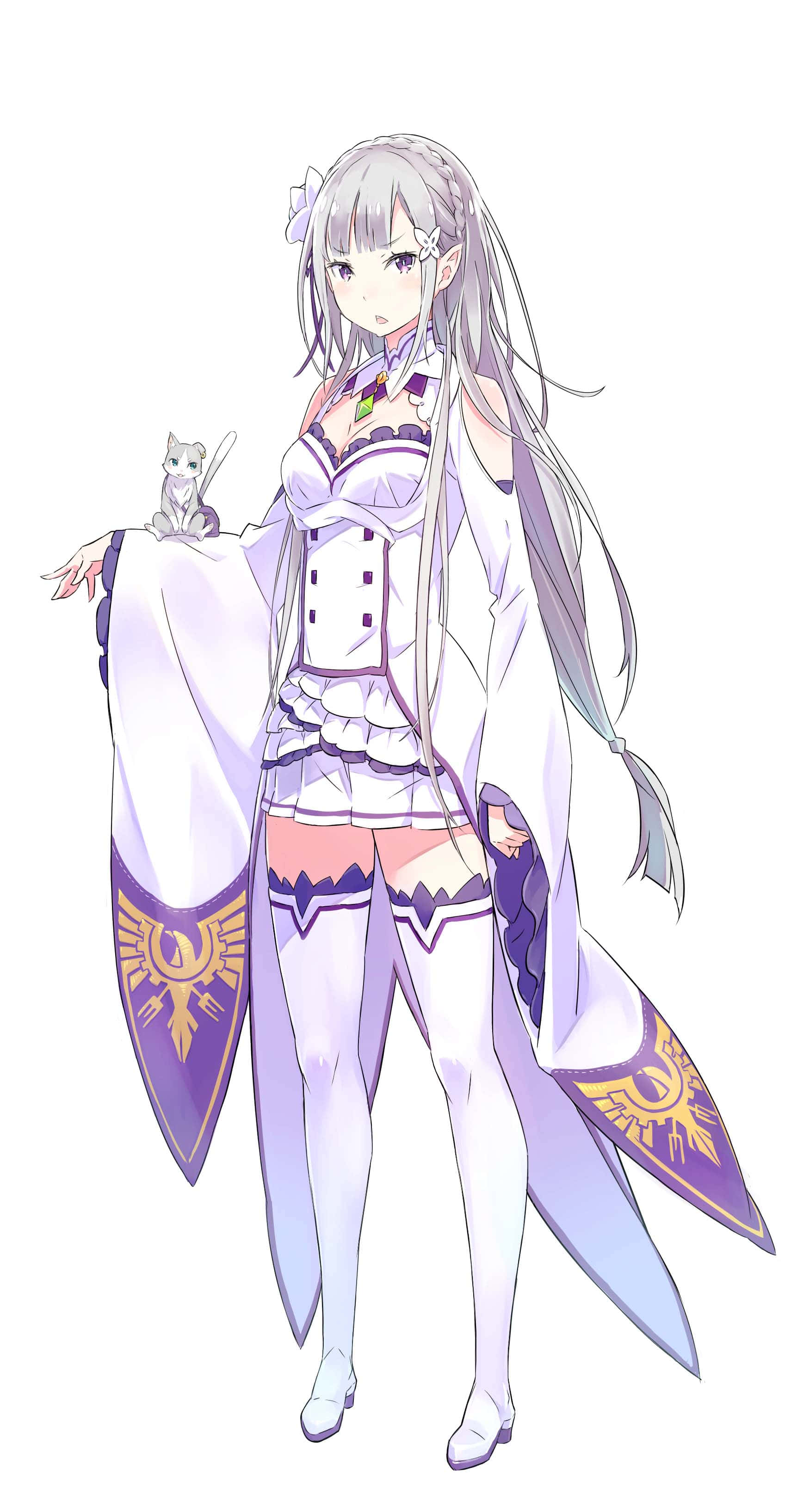 Re Zero Emilia 桌布 壁紙 — 銀髮紫白裝束的動漫女孩，在純白背景前手臂上抱著一隻小貓。