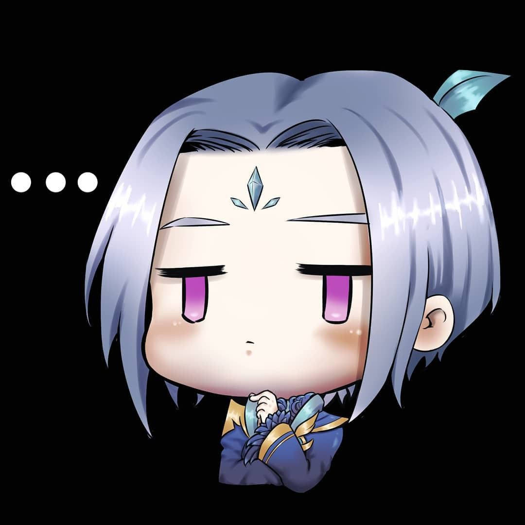 Chibi 桌布 壁紙 — 銀髮紫眼的Q版動漫角色在黑色背景上微微皺眉向下看。