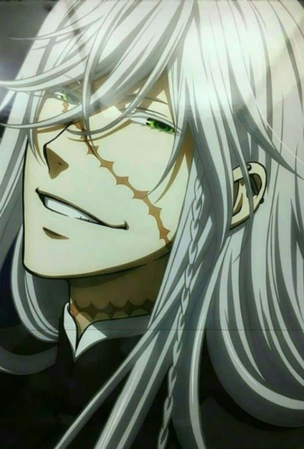 Black Butler Undertaker 桌布 壁紙 — 銀髮綠眼、帶著裂縫笑容的男性動畫特寫肖像，穿著深色領子。