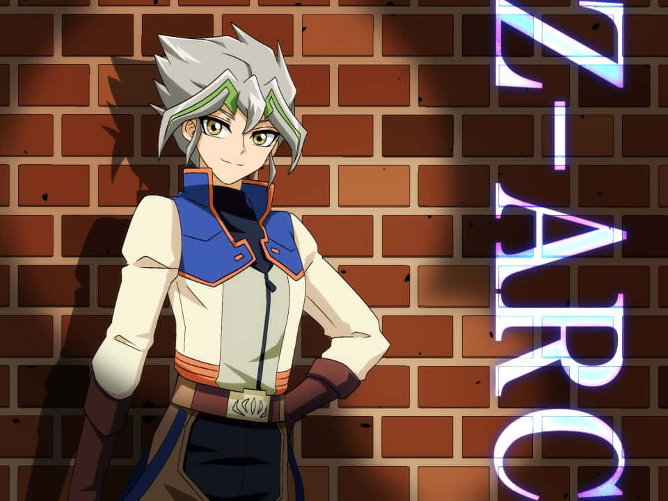 Zarc 桌布 壁紙 — 銀髮綠眼的動漫角色自信地站在帶有發光Z-ARC文字的磚牆前。