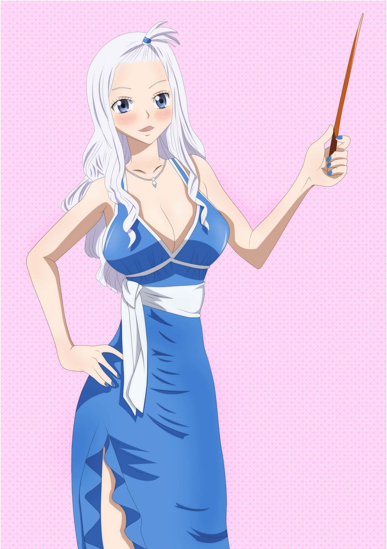 Mirajane Strauss 桌布 壁紙 — 銀髮藍眼動漫少女穿著藍色連衣裙，在粉紅色圓點背景前手持魔杖。