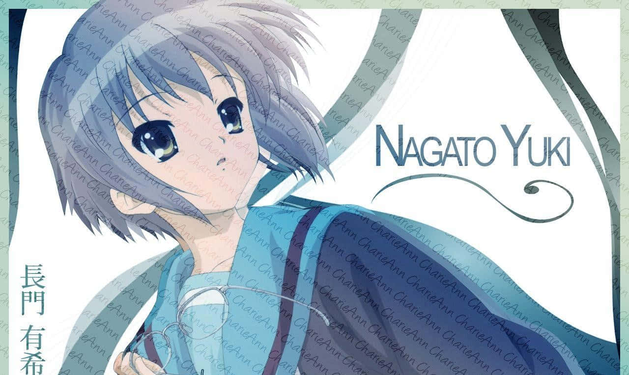 Yuki Nagato 桌布 壁紙 — 銀髮藍眼的動漫女孩仰望旋轉的藍白抽象背景。
