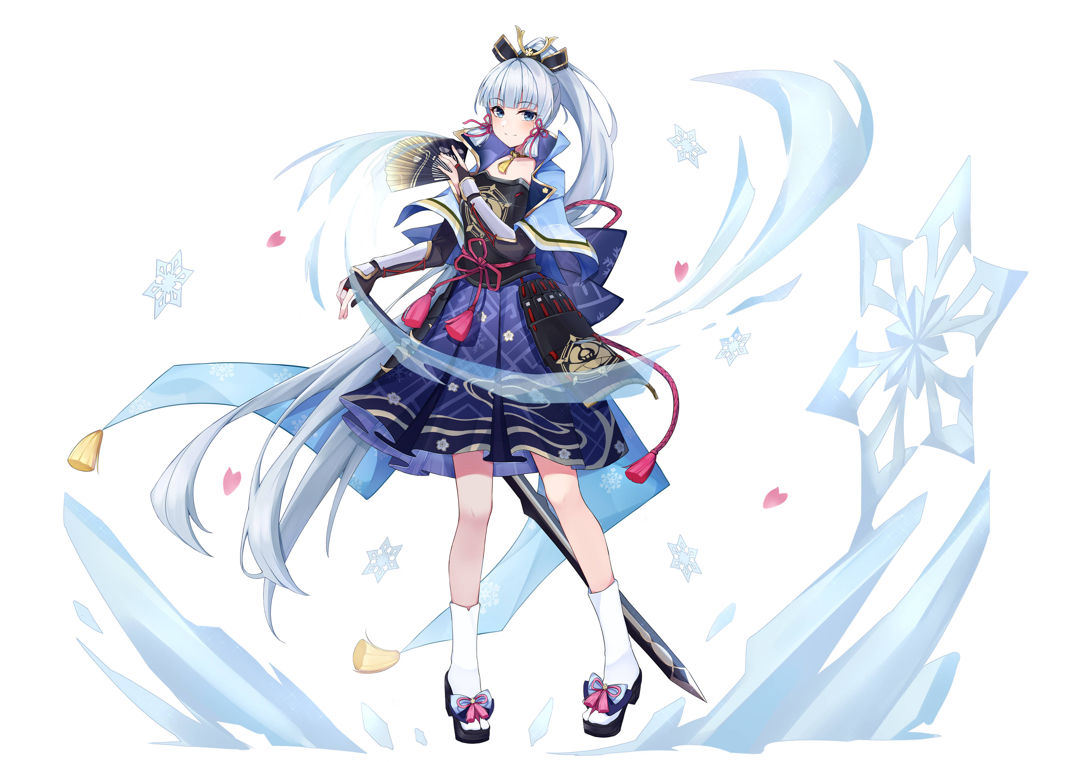 遊戲 桌布 壁紙 — 銀髮藍色冬裝的動漫女孩在旋轉的冰晶和粉紅心形中揮舞劍。