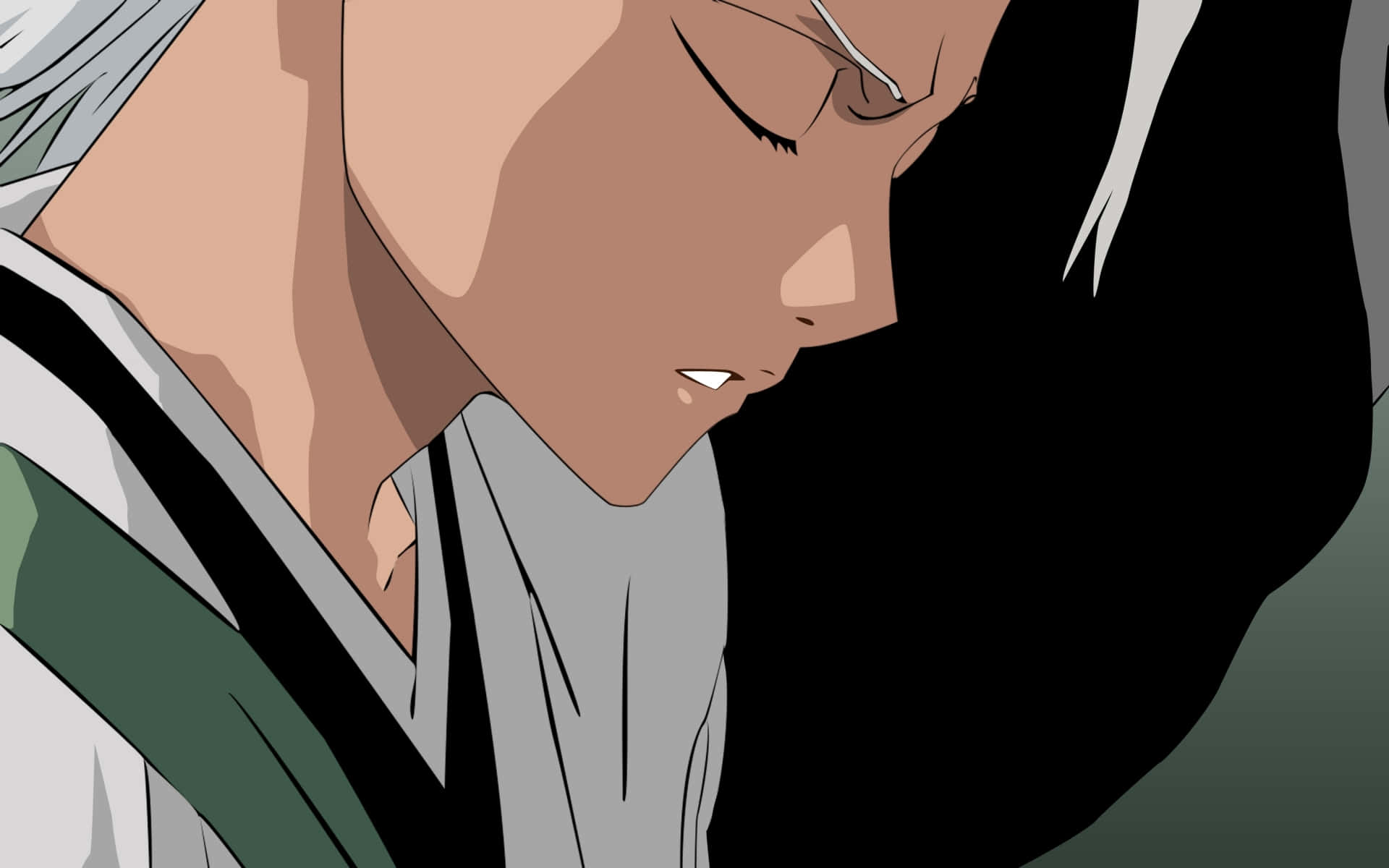 Toshiro Hitsugaya 桌布 壁紙 — 銀髮角色閉上眼睛、表情平靜的柔和色調特寫動畫肖像。