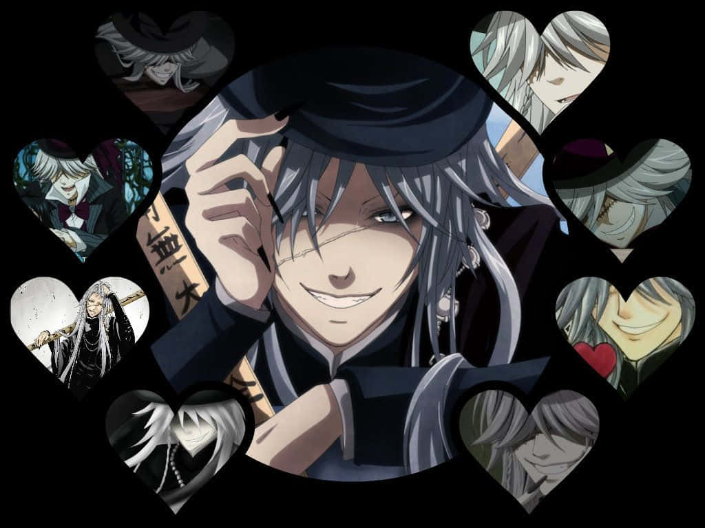 Black Butler Undertaker 桌布 壁紙 — 銀髮黑帽的動漫角色在黑色背景上被心形肖像包圍微笑。