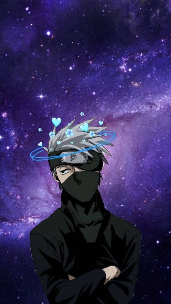 銀髮面具的動漫忍者，背景是紫色星空和漂浮的心形。 — 簡約風格 壁紙