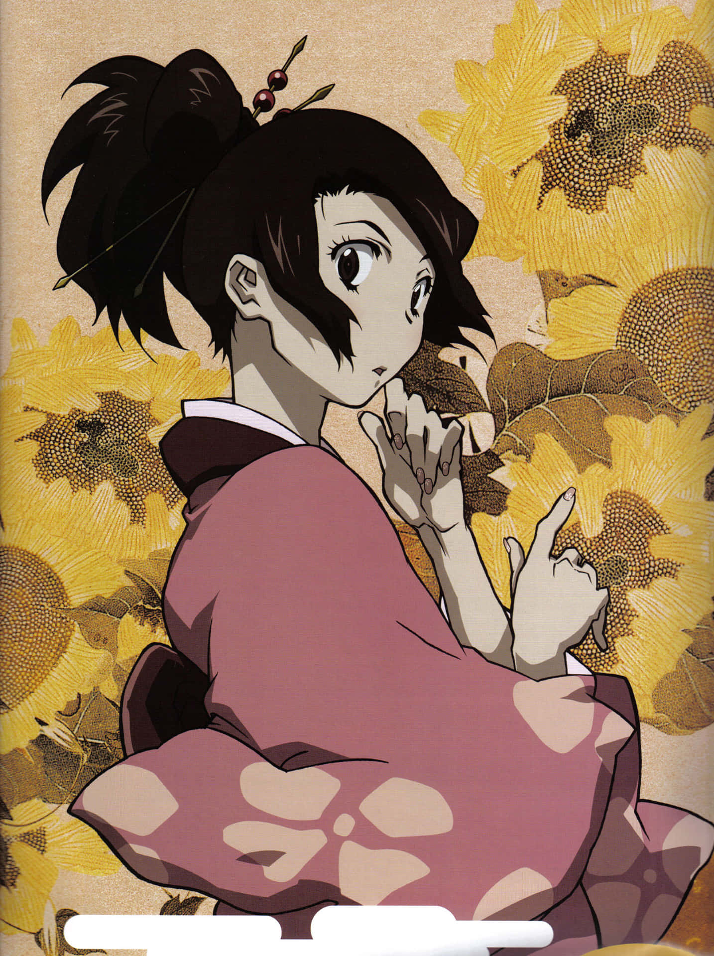 《銀魂》Fuu 動畫圖 壁紙 — 一位穿著粉紅色花卉圖案和服的年輕動漫女孩坐在大向日葵中，雙手以溫柔的姿勢舉起。