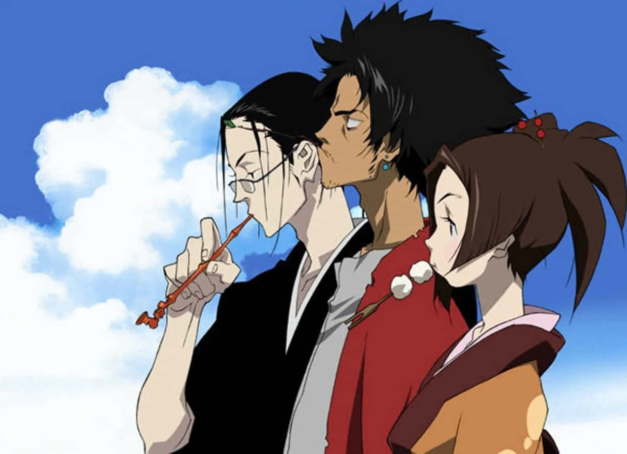 《銀魂》三人組圖 壁紙 — 三個穿著傳統日本服飾的動漫角色在藍天白雲下緊密地站在一起。