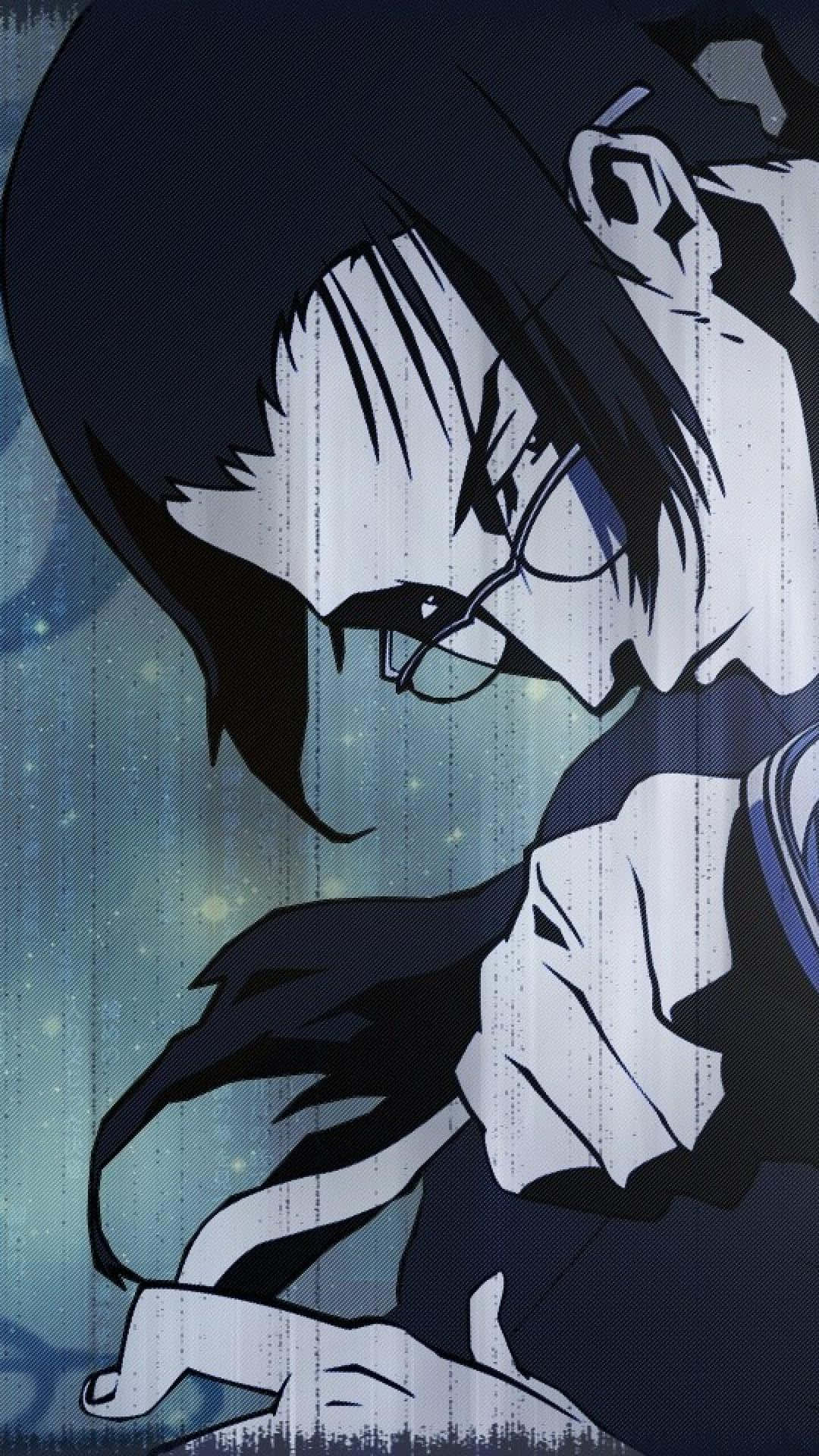 《銀魂》世界的精彩一瞥 壁紙 — 一個帶有深色頭髮和眼鏡的憂鬱動漫角色，在繁星點點的藍色背景下向下凝視。