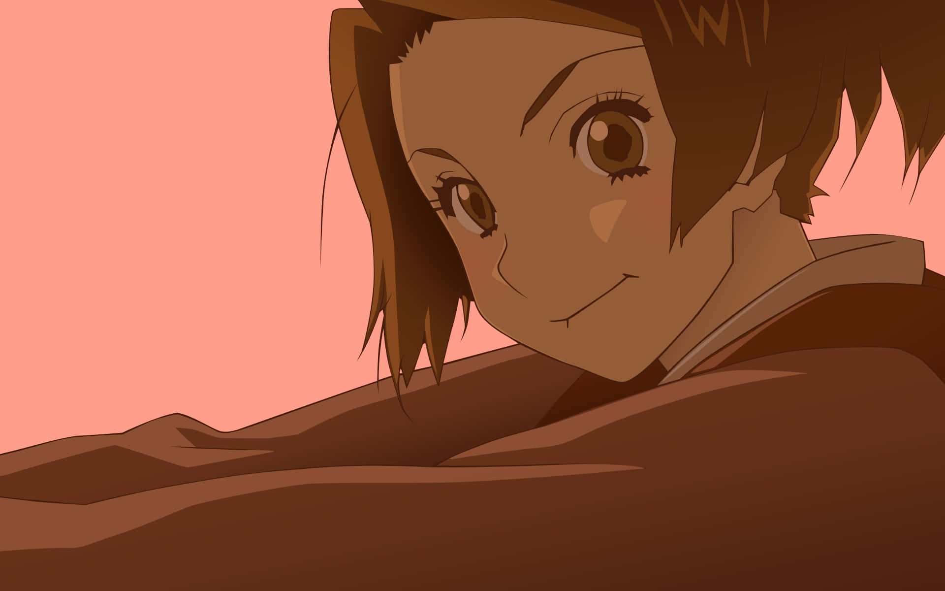 《銀魂》中的風見、無限與劍心冒險 壁紙 — 一個特寫的動漫女孩，棕色頭髮和溫暖的眼睛，在柔和的粉紅色背景下溫柔地微笑。