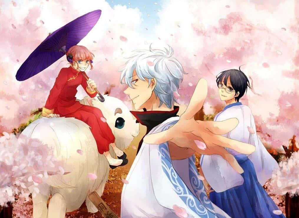 《銀魂》：友情與歡樂的壯麗旅程 壁紙 — 三個穿著傳統服飾的動漫角色與一隻白色生物和飄落的粉紅色花瓣一起享受櫻花季節。