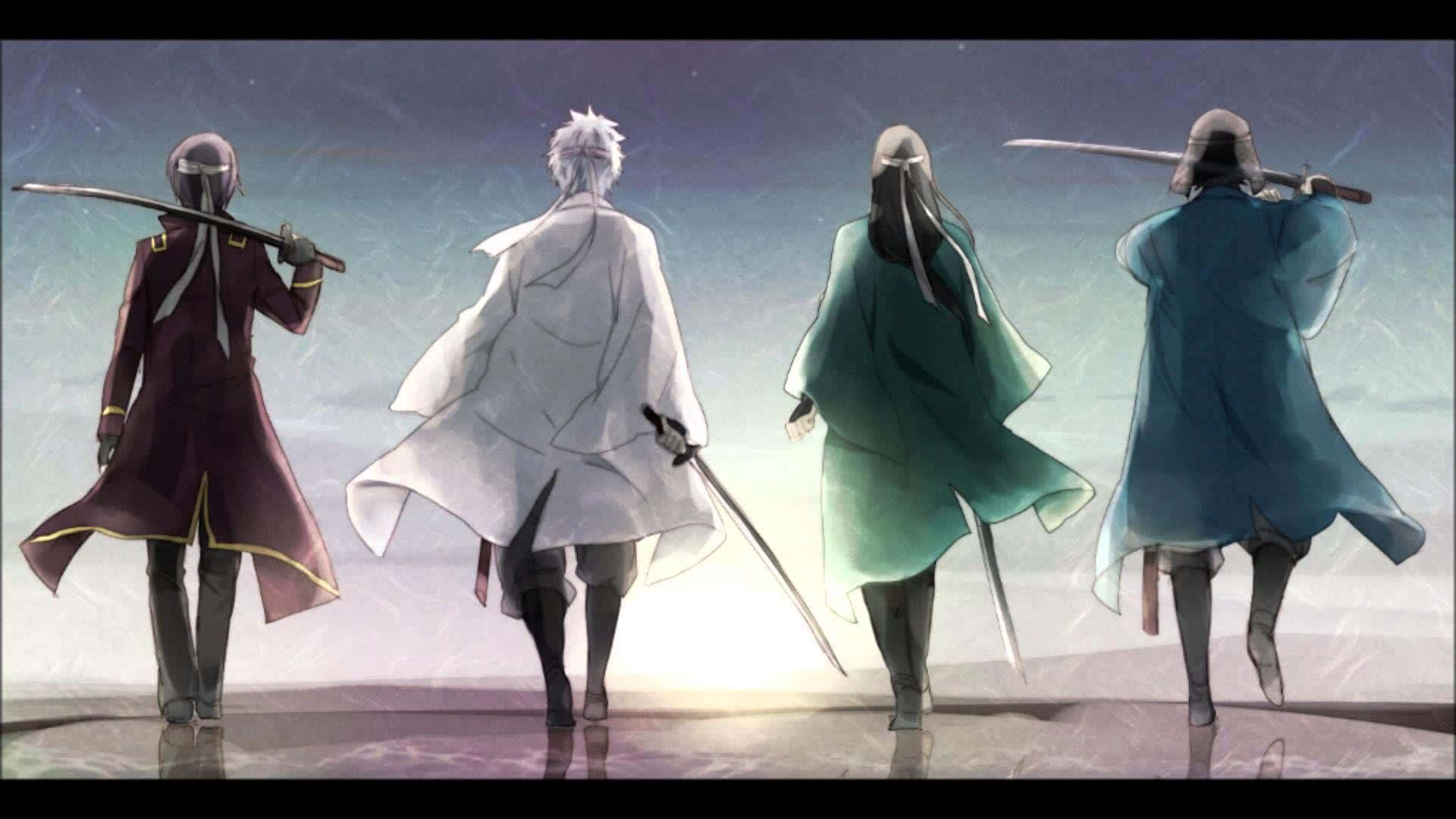 銀魂：為所有人打造的勇猛武士喜劇！ 壁紙 — 四位動漫戰士身穿飄逸長袍，在暮色天空下背對觀眾手持劍刃。