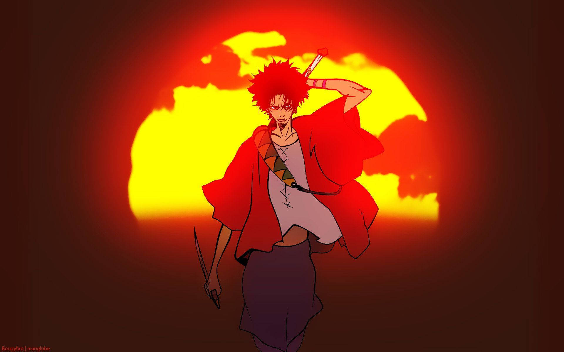 紅髮動漫戰士身穿斗篷，手持劍，面對熾熱的夕陽。