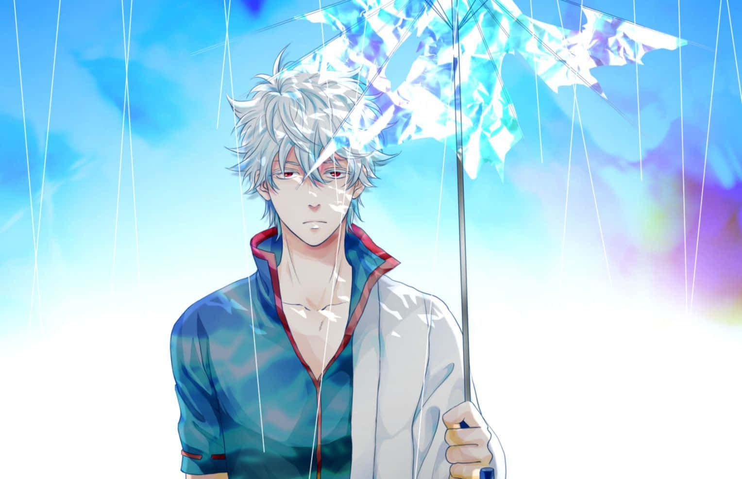《銀魂》的荒謬冷面喜劇 壁紙 — 一個銀髮動漫男孩拿著發光的藍色雨傘，背景是帶有條紋光效的鮮豔天空。