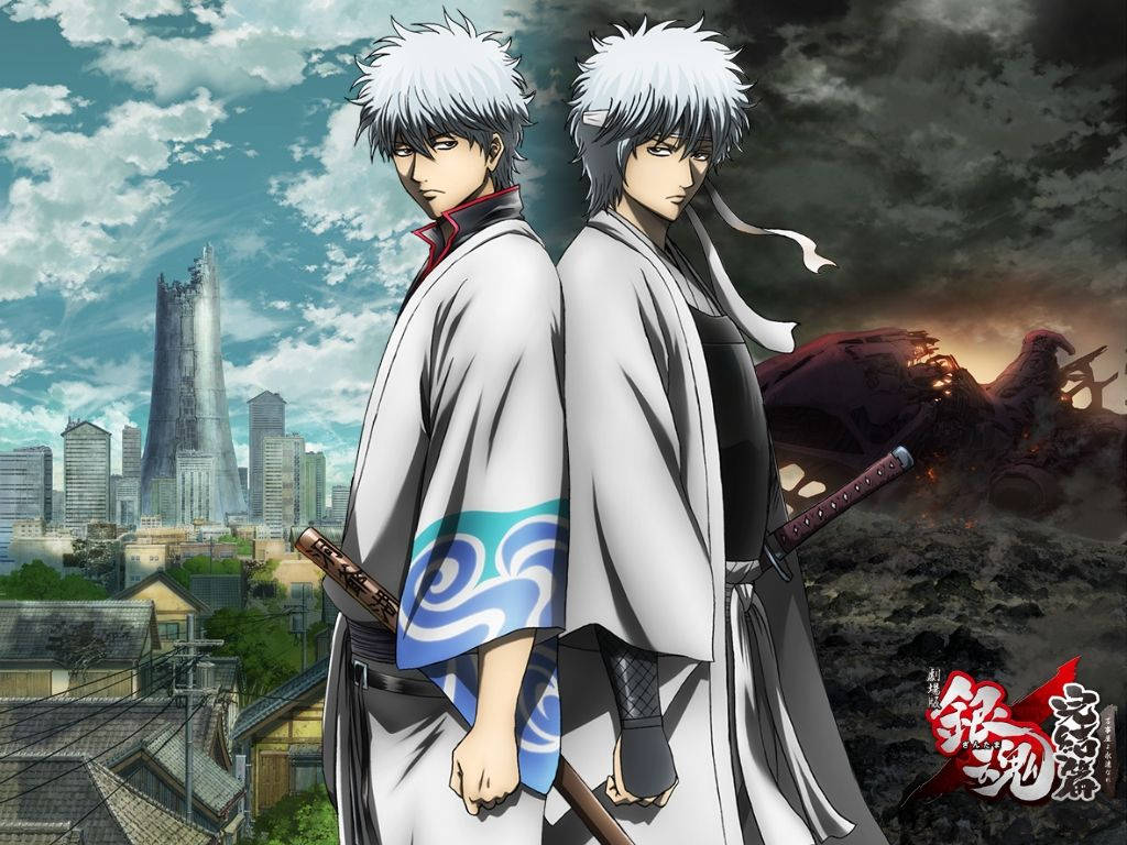 兩個白髮動漫武士背靠背站立，城市分為現代建築和火熱毀滅。