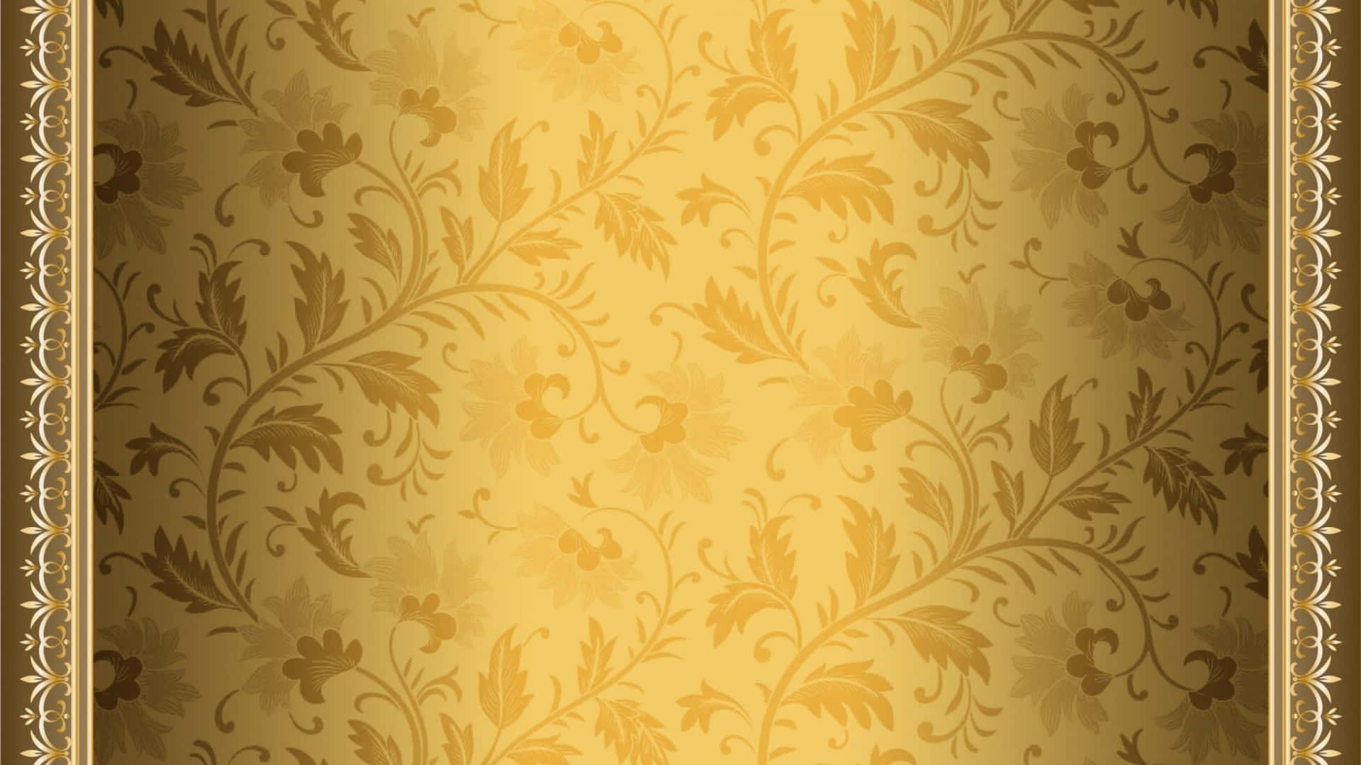 金色花卉牆紙，帶有裝飾性邊框同複雜嘅藤蔓圖案。