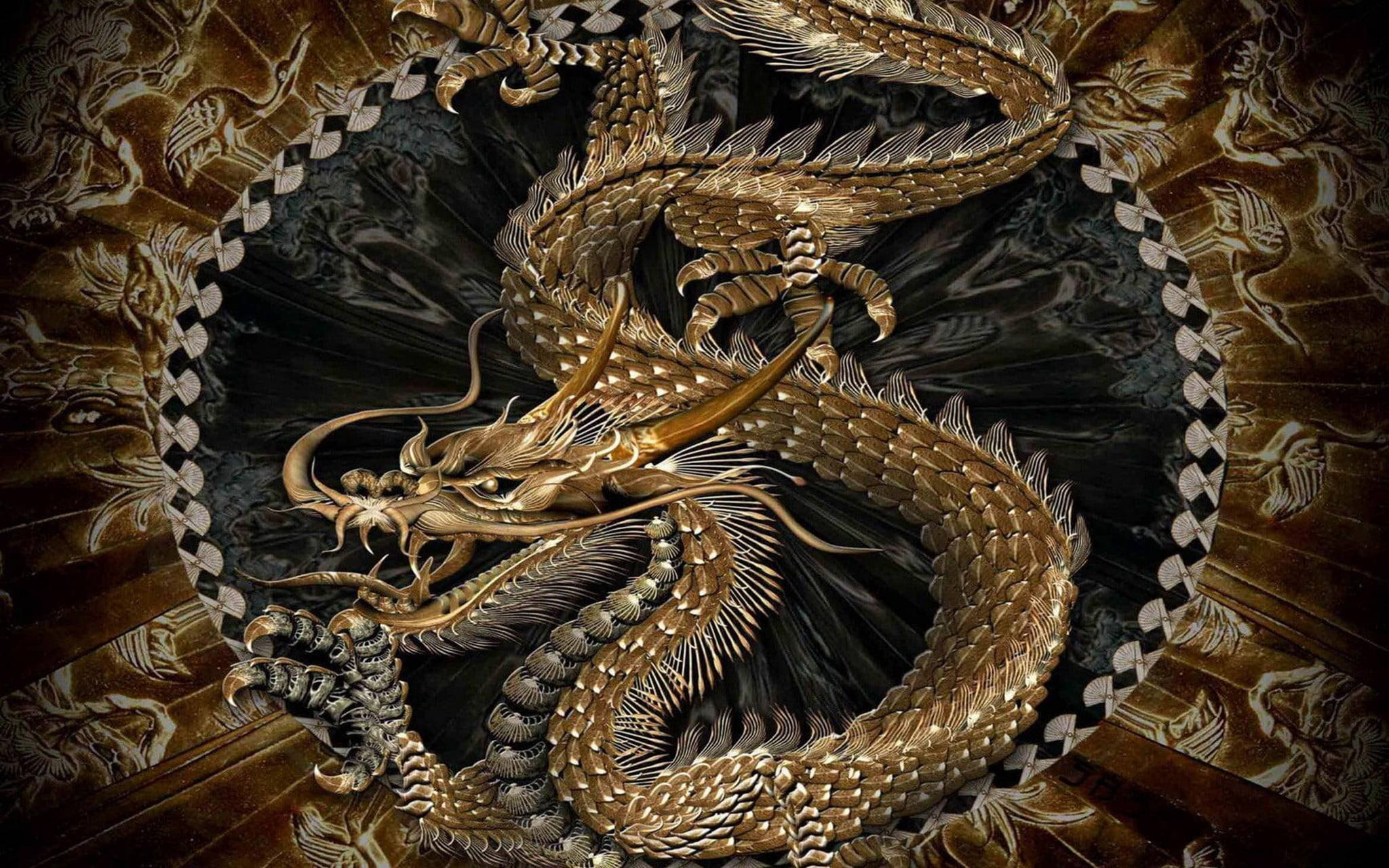 銅色東方龍藝術 壁紙 — 一條雄偉的金龍在黑暗華麗的背景上動態盤旋，帶有複雜圖案的邊框。
