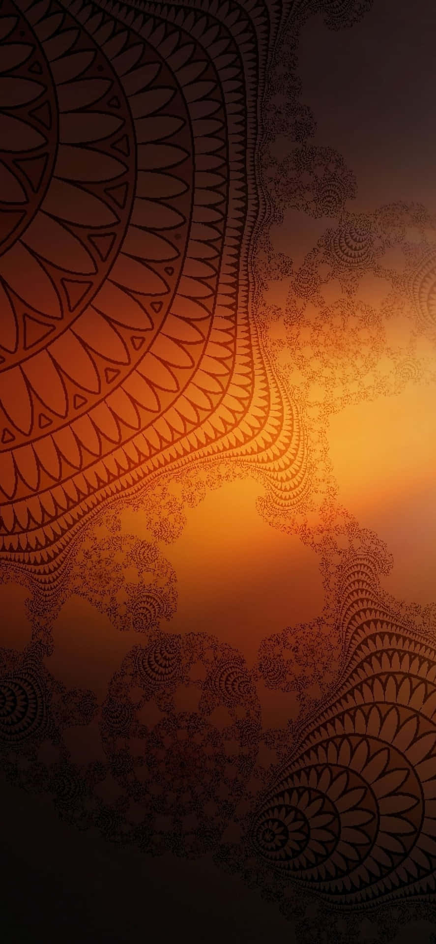 在溫暖的橙色漸變背景上，黑色抽象曼陀羅圖案。