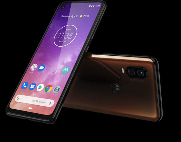 銅色雙鏡頭智慧手機 壁紙 — 一部時尚的Motorola智能手機，帶有漸變古銅色背面和鮮豔的紫色屏幕，在黑色背景上顯示時間和應用程式。