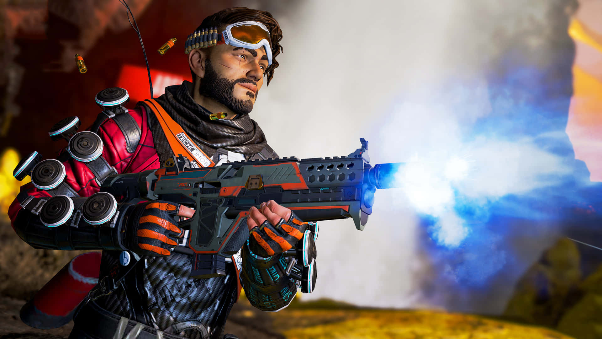 士兵發射帶有藍色槍口閃光和煙霧的未來武器。