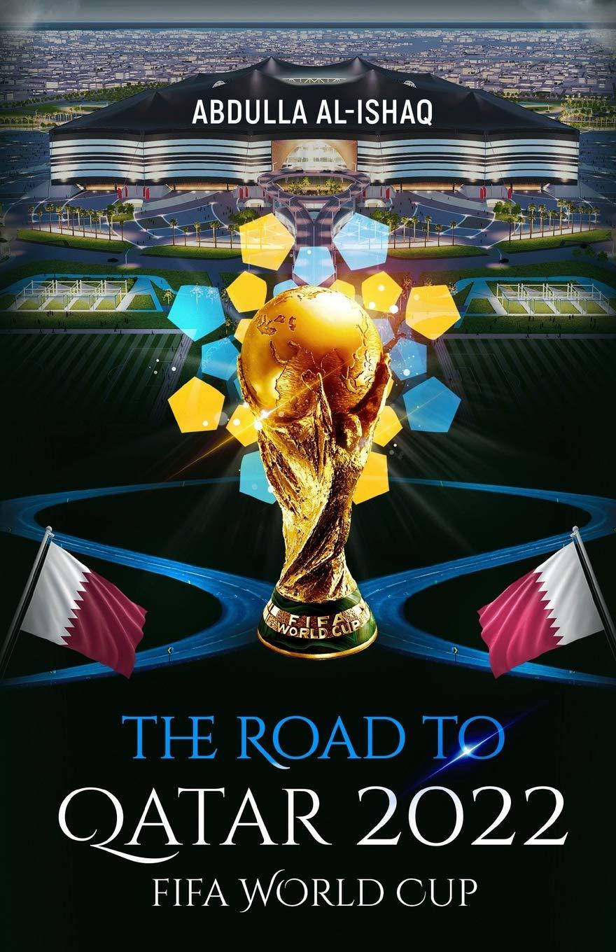 FIFA世界盃獎盃居中，背景為卡塔爾旗幟和球場。