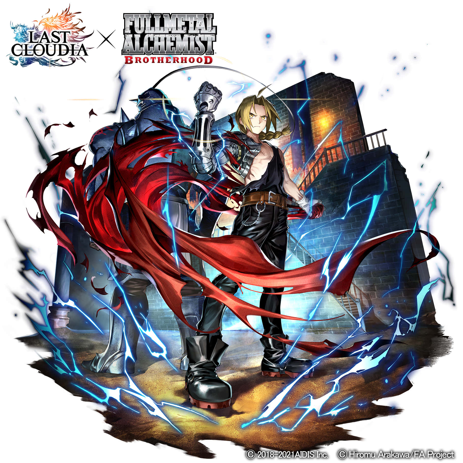 動漫角色 Edward Elric 和一個戴面具的戰士在戰鬥場景中，有閃電和紅色斗篷。