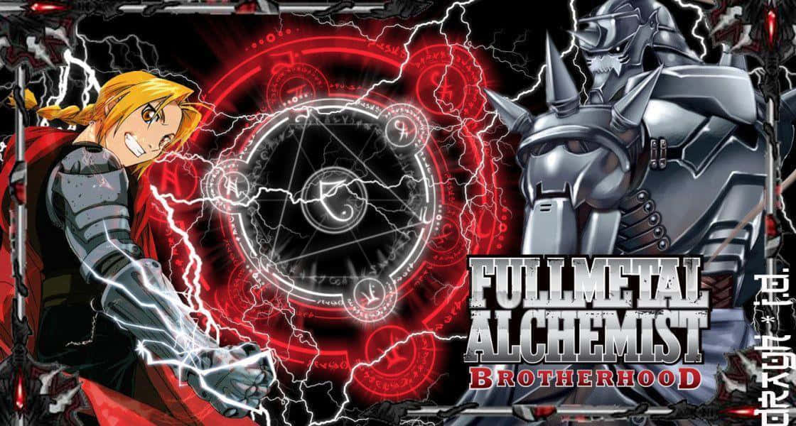 來自《鋼之鍊金術師 BROTHERHOOD》的動漫角色，伴隨著閃電和煉金術符號對峙。
