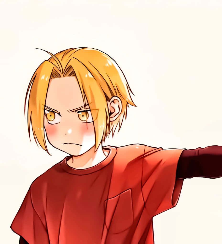 《鋼之鍊金術師》年輕愛德華·艾力克 配對頭像 壁紙 — 一個金髮、憤怒黃眼睛的動漫男孩穿著紅色襯衫，堅定地向前指。
