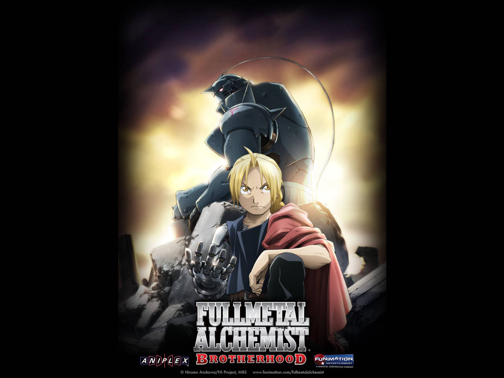 來自《鋼之鍊金術師 BROTHERHOOD》的動畫角色站在戲劇性的日落光線中。