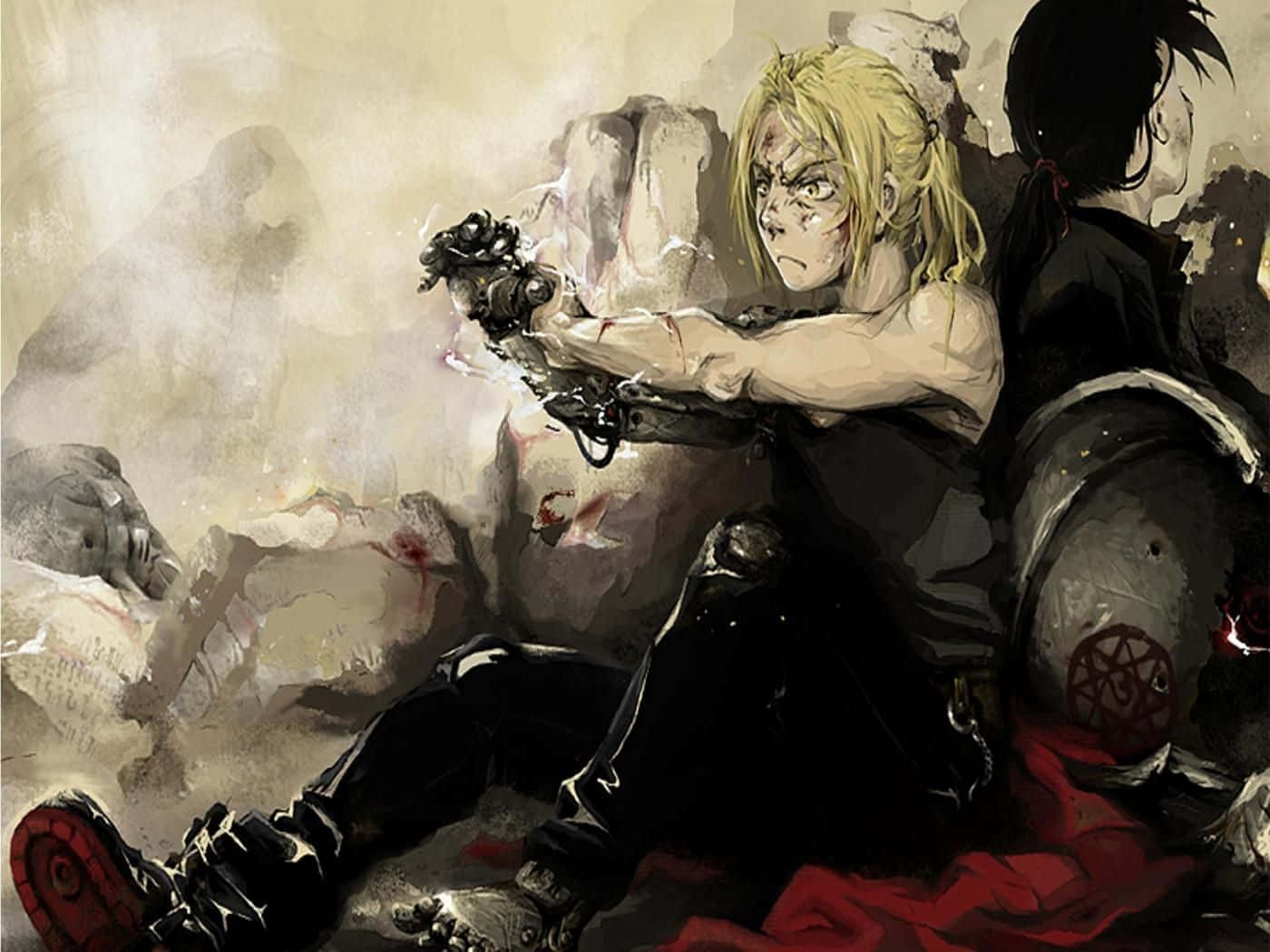 鋼之鍊金術師愛德華·艾力克的精彩表現 壁紙 — 一位金髮動漫戰士，擁有機械手臂，在瓦礫和煙霧中緊握武器，呈現一場激烈的戰鬥場景。