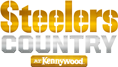 鋼人隊國家肯尼伍德標誌 壁紙 — 大膽的金色和銀色「Steelers Country at Kennywood」標誌，帶有金屬質感和黑色背景。