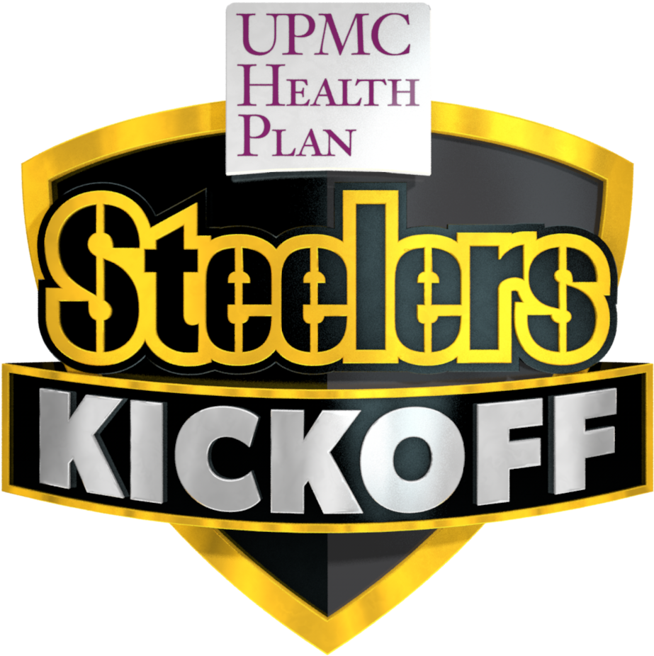 鋼人隊開球標誌 壁紙 — 大膽的 Steelers Kickoff 標誌，採用金色和黑色盾牌設計，帶有 UPMC Health Plan 贊助文字。