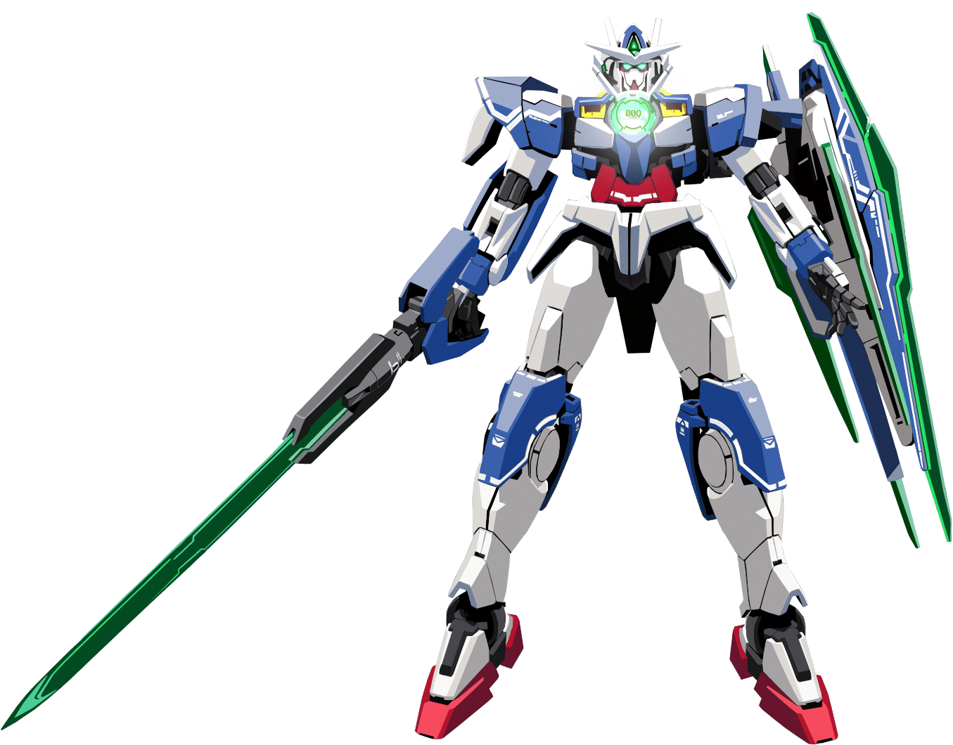 鋼彈機甲持光束劍與盾牌 壁紙 — 一個白色、藍色和紅色的機動戰士，手持發光的綠色劍和盾牌，站在黑色背景前。