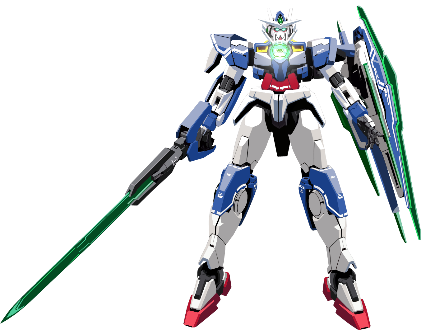 鋼彈機甲站立裝備 壁紙 — 一架白色、藍色和紅色的機動戰士，在黑色背景前手持發光綠色劍和盾牌，擺出架勢。