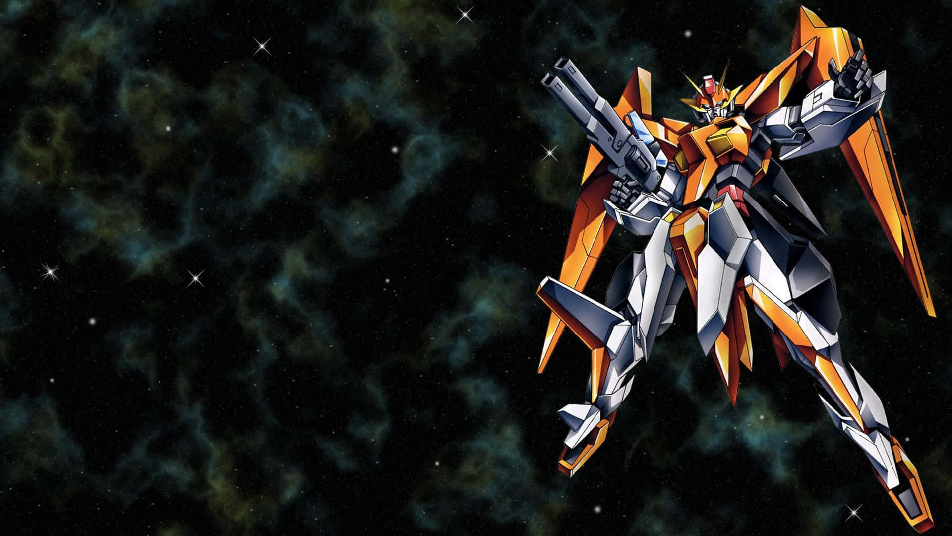 動畫機甲機器人在太空中，穿著橙色和銀色裝甲，背景是星雲。