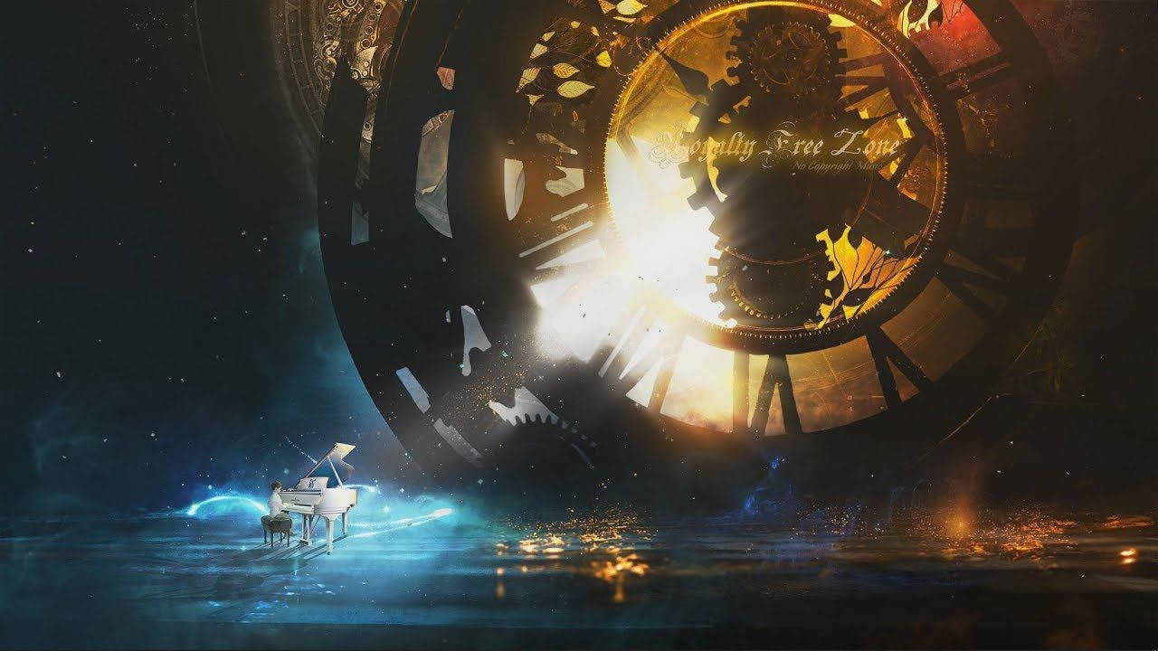 一位鋼琴家在星空宇宙場景中，在一個巨大的發光齒輪時鐘下彈奏白色鋼琴。