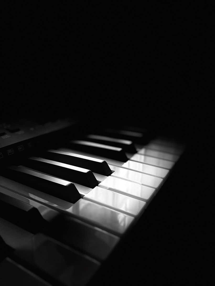 Black And White Piano 桌布 壁紙 — 鋼琴琴鍵的特寫，由單一聚光燈照亮，背景漆黑一片。