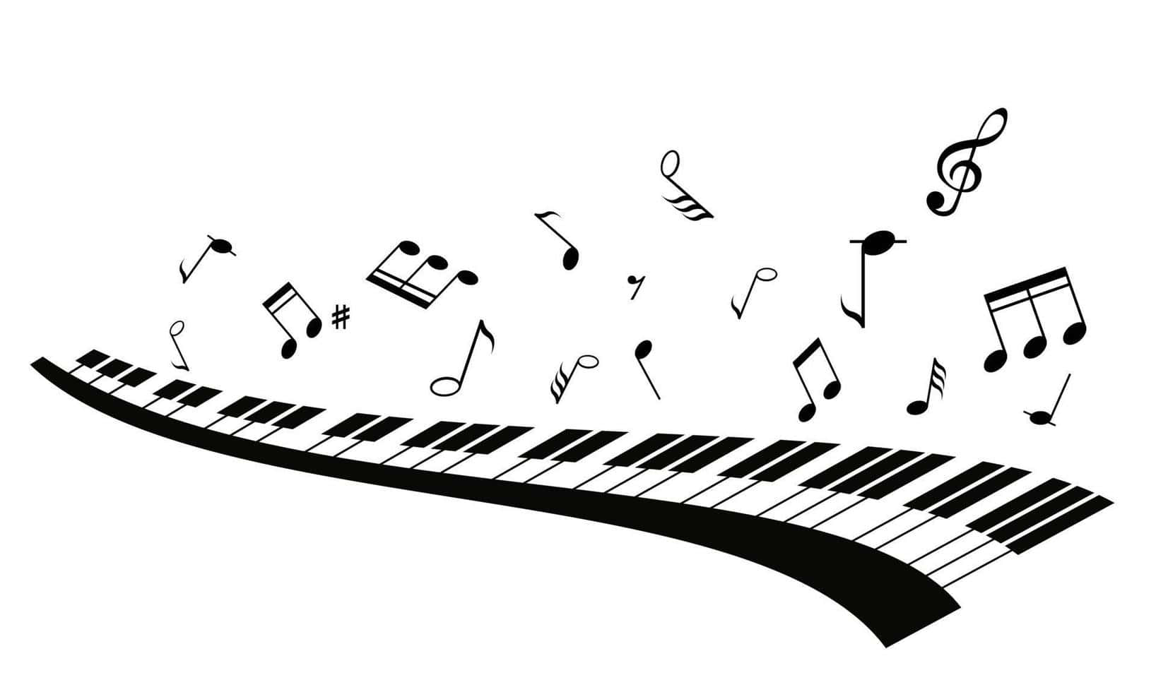 鋼琴藝術與音樂符號背景 壁紙 — 一個彎曲的鋼琴鍵盤，帶有黑白相間向上飄浮的音樂音符。