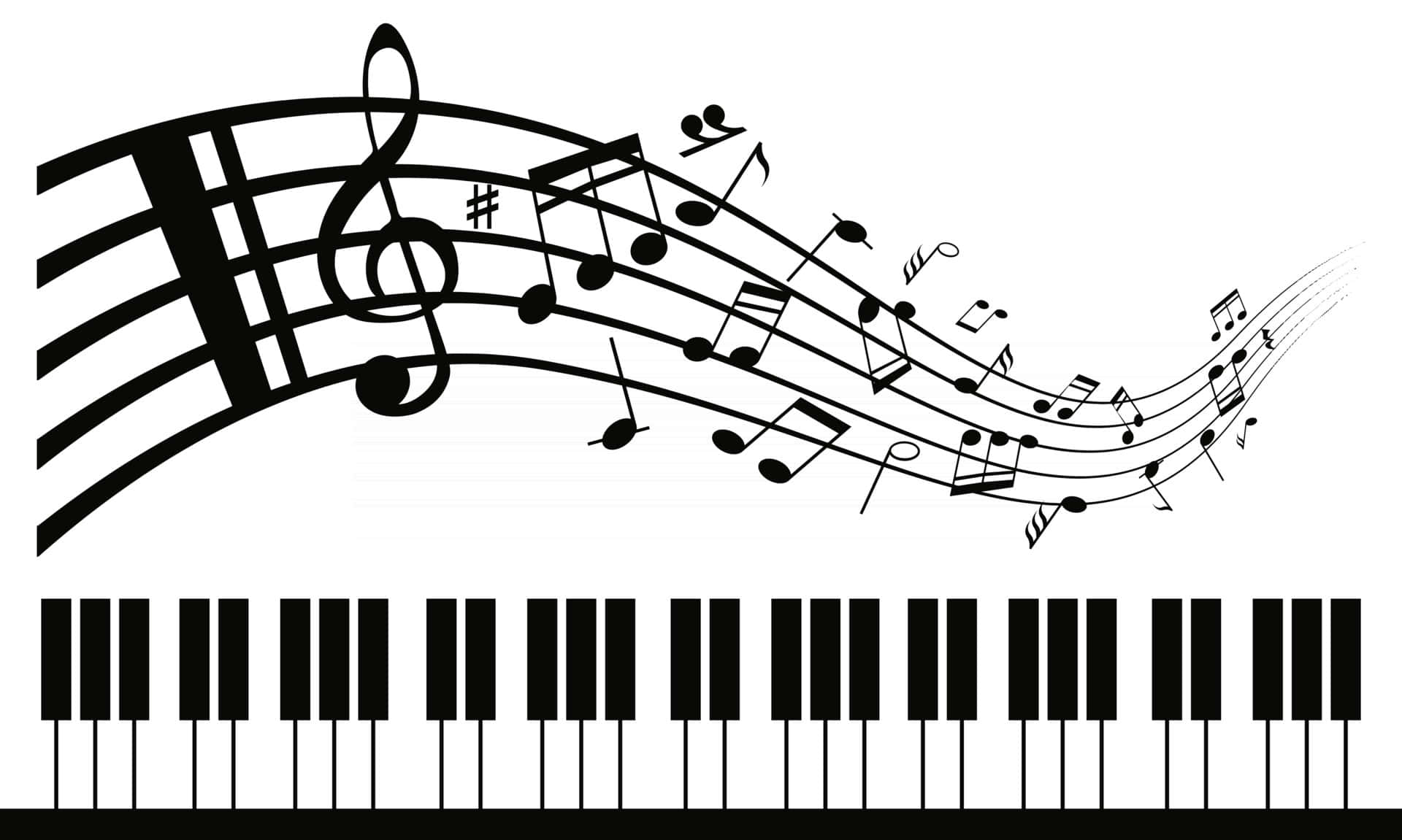 鋼琴設計與音樂符號背景 壁紙 — 鋼琴鍵的黑白插圖，音符沿曲線向上流動。