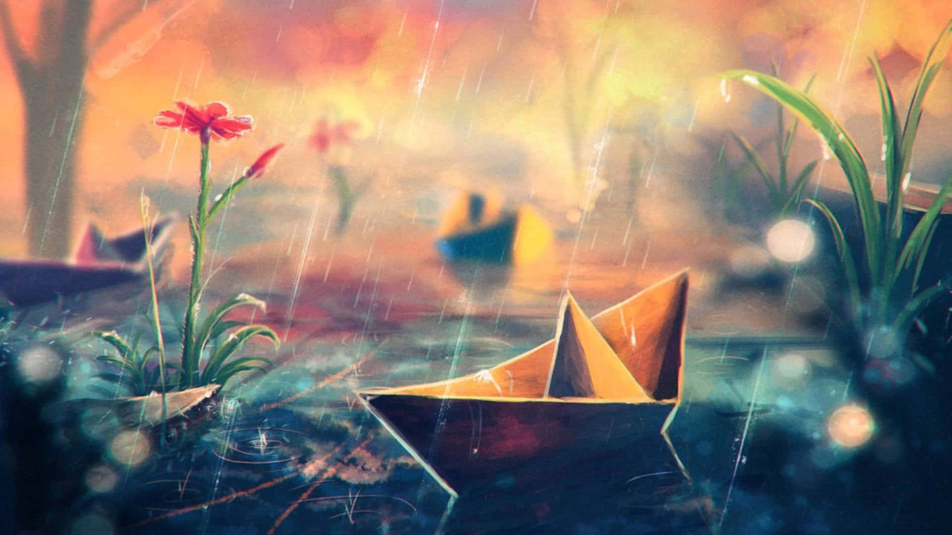 紙船在雨中漂流，下方是溫暖的日落和紅花。